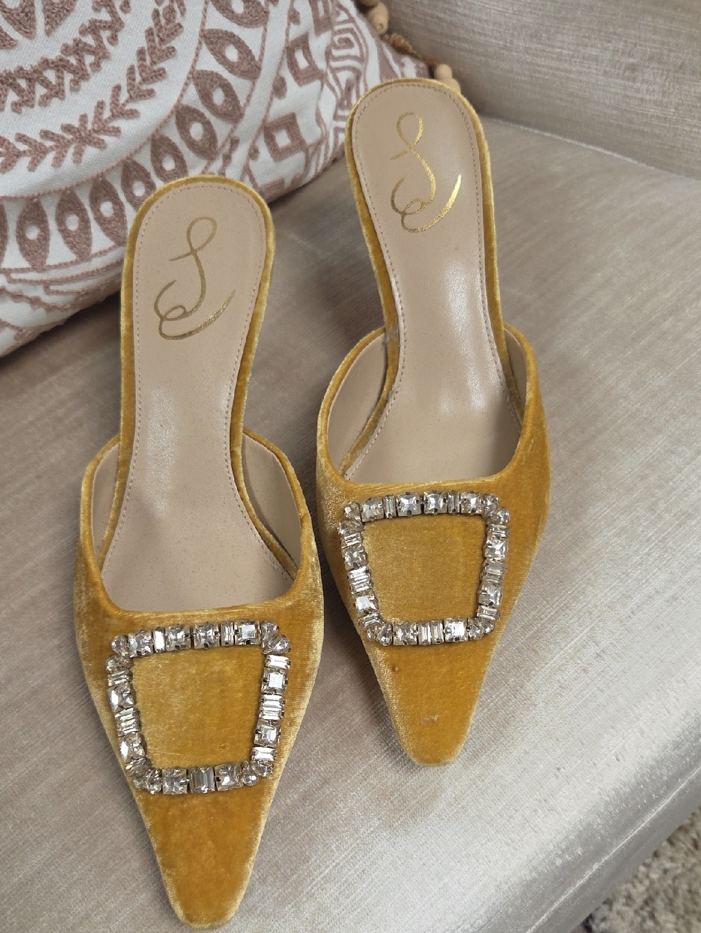 Women’s Sam Edelman Yellow Velvet Pointed Mule Slides with Crystal Buckle